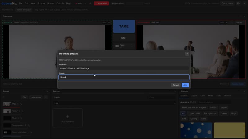 Incoming stream: an encoder on the network becomes a source by its address.