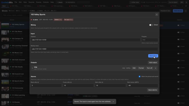 A channel's detail: a backup input taken when the main one stalls, and its alarm times.