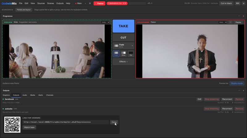 YouTube, Facebook and the website live at once, with a link and QR code for viewers.