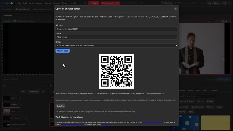 Open on another device: name the phone, choose Operate, and scan the code. (Demo code.)