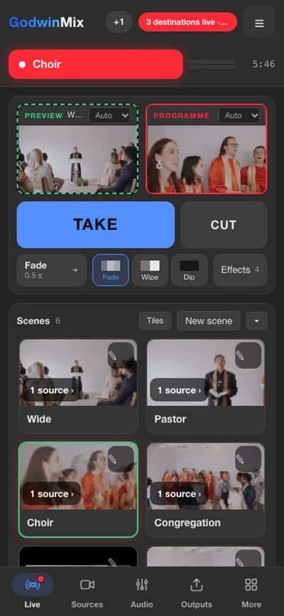 The same mixer on a phone, with Programme, Preview, Take, Cut and every scene.