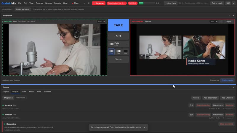 LinkedIn Live and YouTube from the same programme, and the recording's file and status.