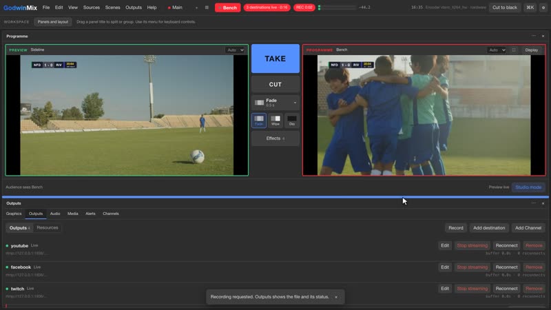 YouTube, Facebook and Twitch live from one programme, with a recording running on the laptop.