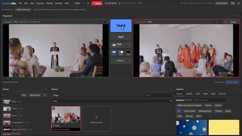 Studio mode. The next shot waits in Preview on the left; Take puts it on Programme, on the right.