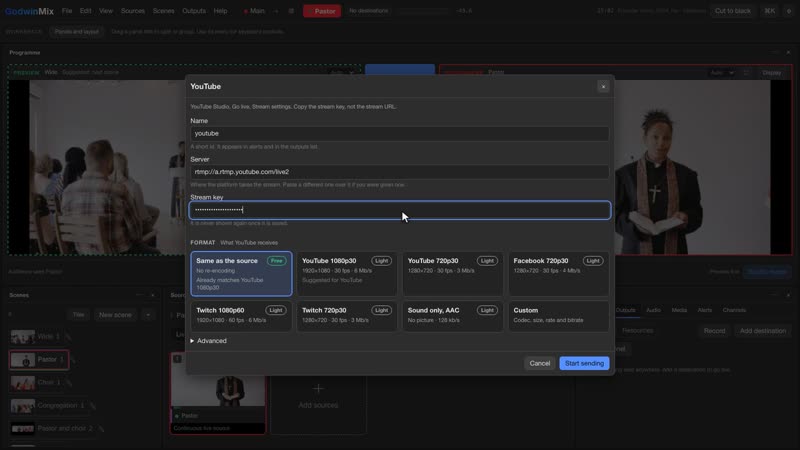 The YouTube form. The server is filled in and the key is never shown again once saved.